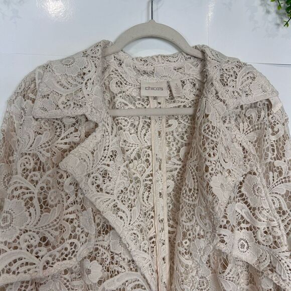 Chico's Trench Jacket Women XL Cream Floral Eyelet Lace Sheer Long Sleeve Coat 3 - Picture 7 of 14